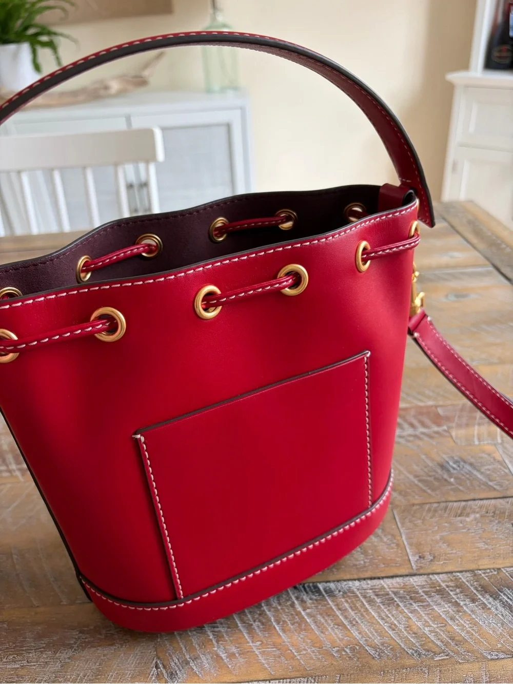 EUC Tory Burch Red Leather Drawstring Bucket Crossbody